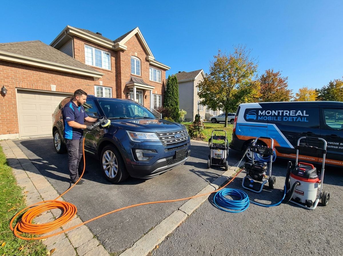 Mobile detailer working on a vehicle in a driveway